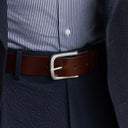 Von Baer classic luxury full-grain leather belt for men in tan, with a stainless steel buckle.