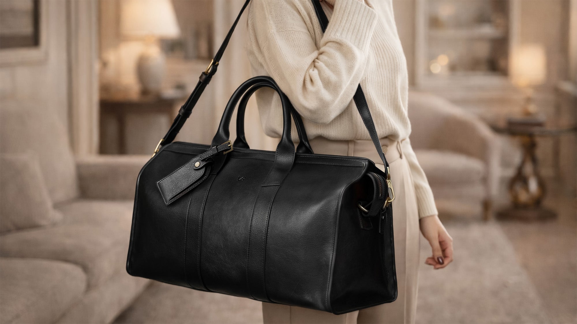 Von Baer Weekender full-grain leather bag for women in black, displayed in a luxury interior for stylish travel.