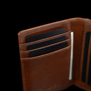 Von Baer Element luxury full-grain leather minimalist RFID card case wallet in brown, inside view close-up showing card slots.