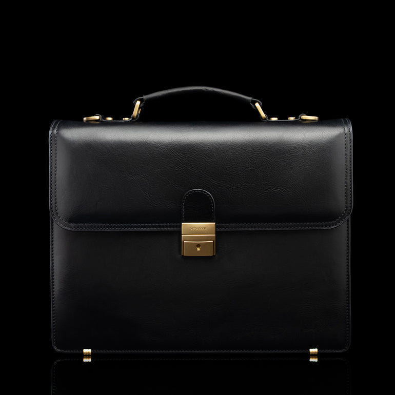 Von Baer diplomat men’s compact full-grain leather laptop briefcase in black, front view for professional work.