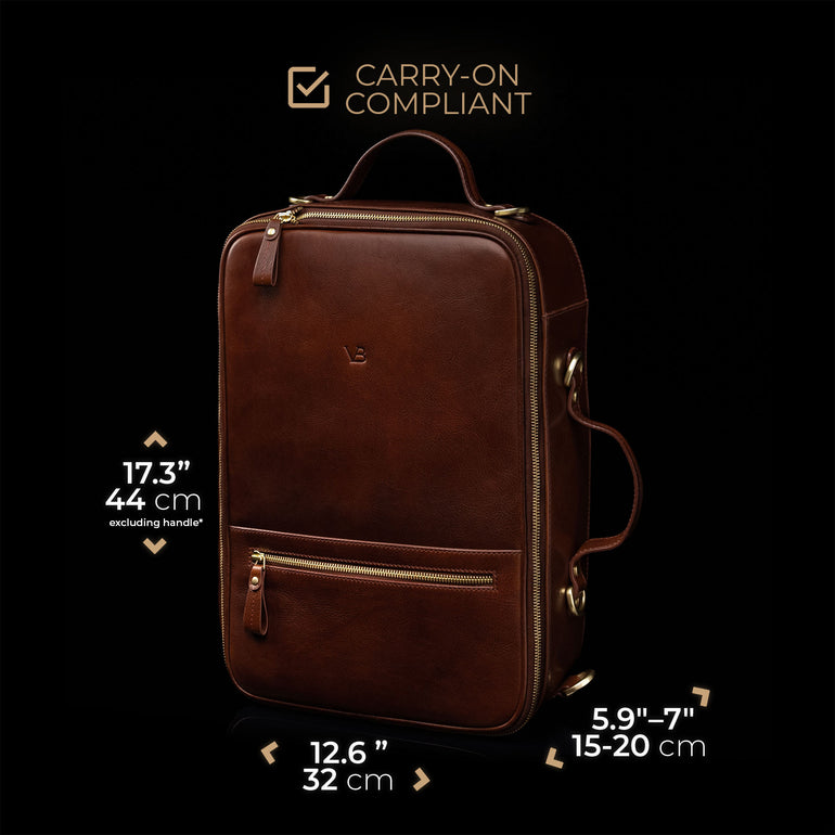 Von Baer 10x leather travel backpack carry-on compliant dimensions with expandable feature