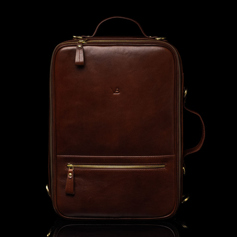 High-quality brown leather laptop travel bag for men, featuring a front view, made by Von Baer. Ideal for carrying laptops on trips with durable and stylish craftsmanship.