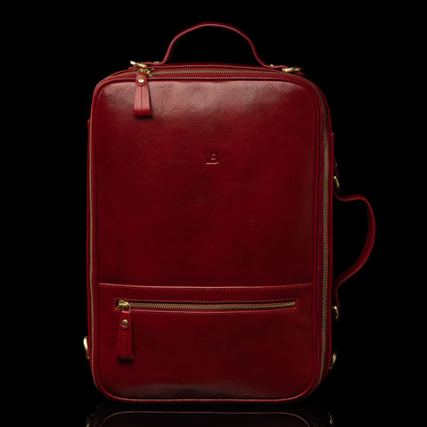 Von Baer 10x men's high-quality leather laptop travel bag in vibrant red, featuring a sleek design and functional compartments for stylish and practical travel.