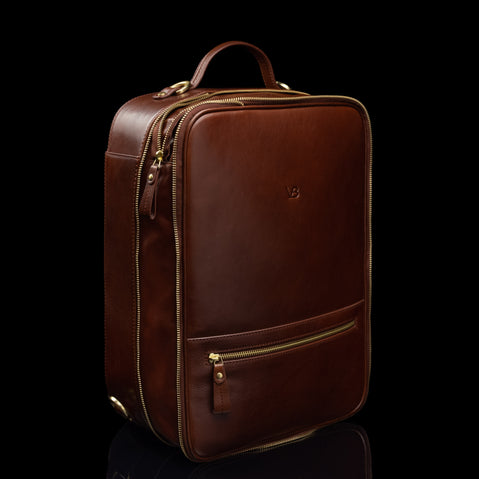 Von Baer 10x men's high-quality multifunctional leather laptop travel bag in brown, fully expanded for extra capacity.