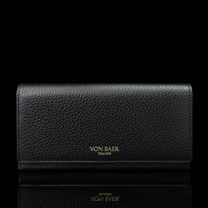 Von Baer Allure large black full-grain leather accordion wallet with RFID protection and gold-tone branding, shown in a front view against a black background.