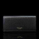 Von Baer Allure large black full-grain leather accordion wallet with RFID protection and gold-tone branding, shown in a front view against a black background.