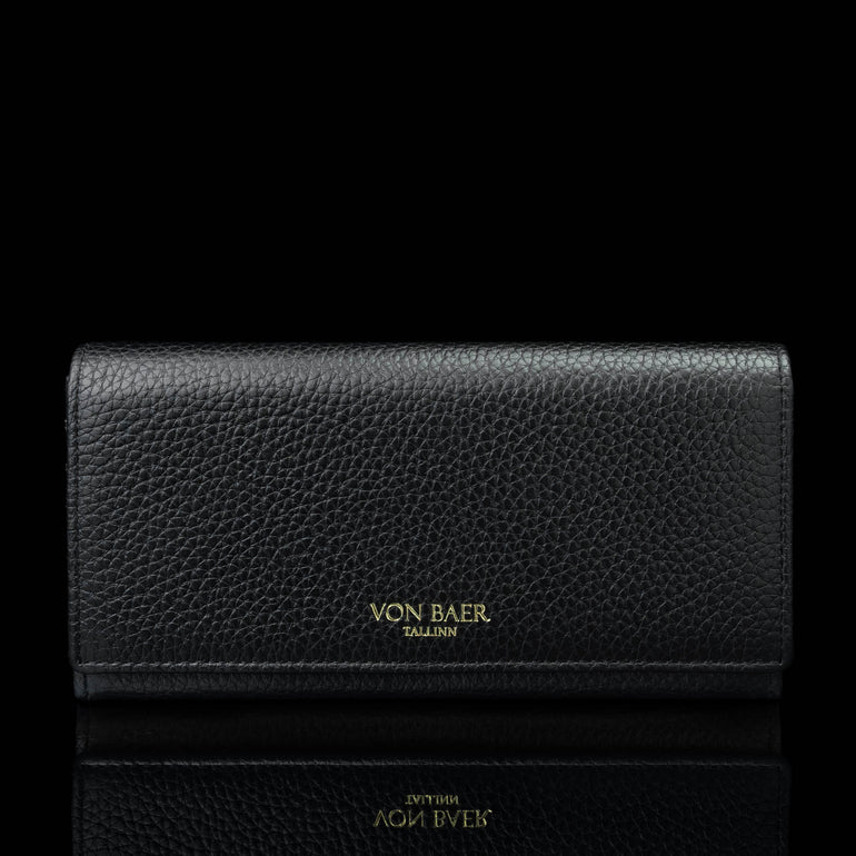 Von Baer Allure large black full-grain leather accordion wallet with RFID protection and gold-tone branding, shown in a front view against a black background.
