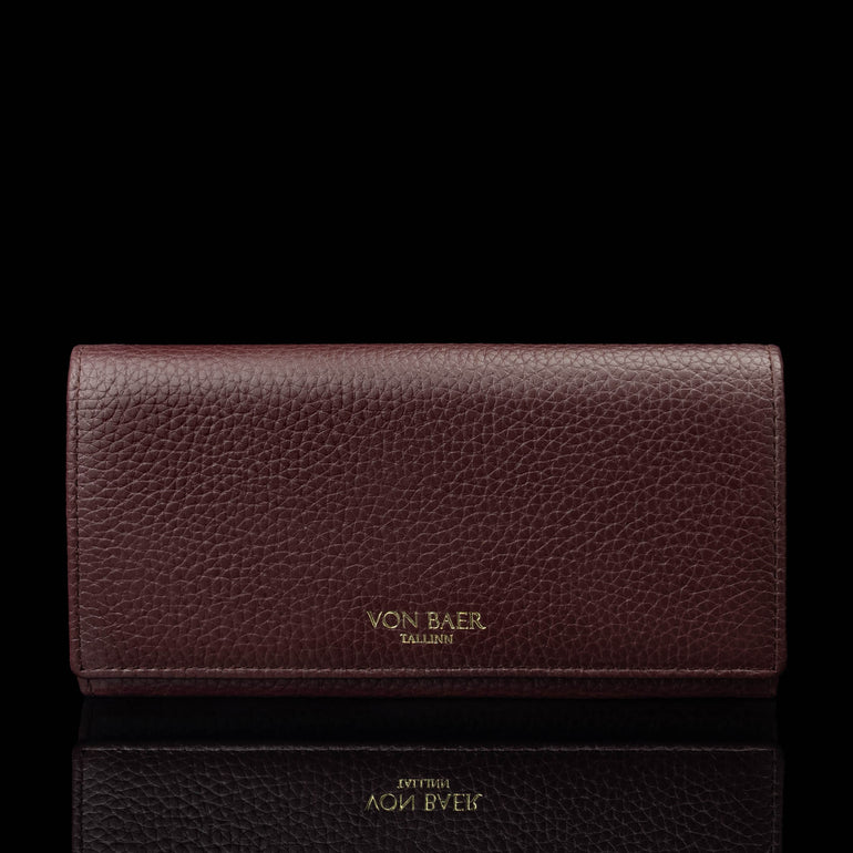 Von Baer Allure large burgundy full-grain leather accordion wallet with RFID protection and gold-tone branding, shown in a front view against a black background.