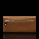 Von Baer Allure large cognac tan full-grain leather accordion wallet with RFID protection, shown in a back view highlighting the zipped outer pocket with a gold-tone zipper against a black background.
