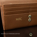 Von Baer Allure large cognac tan full-grain leather accordion wallet with RFID protection, featuring personalized embossed gold initials 