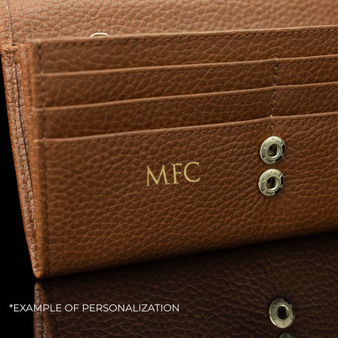 Von Baer Allure large cognac tan full-grain leather accordion wallet with RFID protection, featuring personalized embossed gold initials 