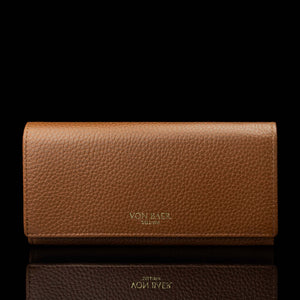 Von Baer Allure large cognac tan full-grain leather accordion wallet with RFID protection, shown in a front view highlighting the full structure and gold-tone branding.