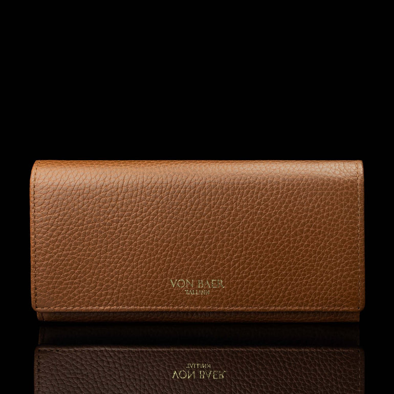 Von Baer Allure large cognac tan full-grain leather accordion wallet with RFID protection, shown in a front view highlighting the full structure and gold-tone branding.