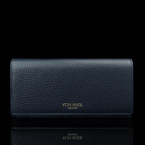 Von Baer Allure large navy blue full-grain leather accordion wallet with RFID protection and gold-tone branding, shown in a front view against a black background.