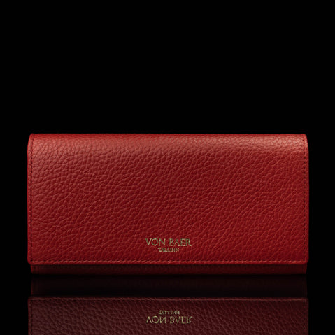 Von Baer Allure large red full-grain leather accordion wallet with RFID protection and gold-tone branding, shown in a front view against a black background.