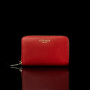 Von Baer Celeste small red full-grain leather zip-around wallet with gold-tone branding, displayed in a front view against a black background.