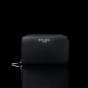 Von Baer Celeste small black full-grain leather zip-around wallet with gold-tone branding, displayed in a front view against a black background.