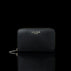 Von Baer Celeste small black full-grain leather zip-around wallet with gold-tone branding, displayed in a front view against a black background.