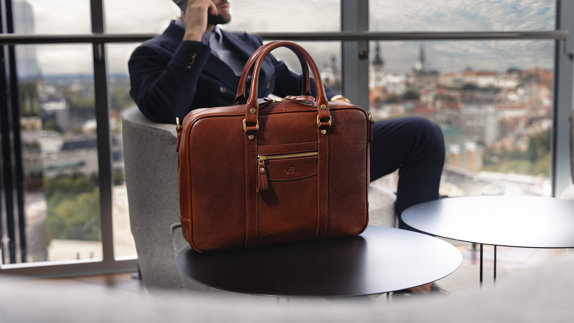 Brown Leather Laptop Bag - Von Baer City Business (with Male Model)