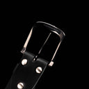 Von Baer classic leather belt for men in black, with a stainless steel buckle, rear view, close-up.