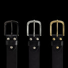 Von Baer classic leather belt for men in black, with solid brass, stainless steel, and black buckles, comparison.