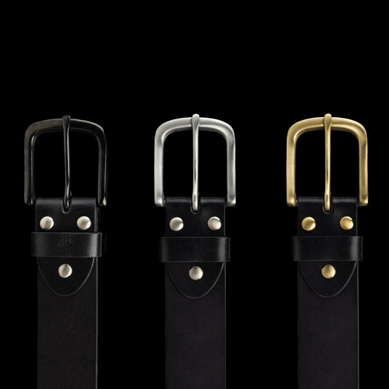 Von Baer classic leather belt for men in black, with solid brass, stainless steel, and black buckles, comparison.