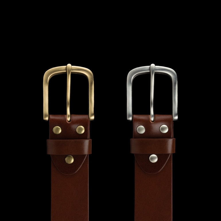Von Baer classic leather belt in solid brown, with solid brass and stainless steel buckles, comparison.