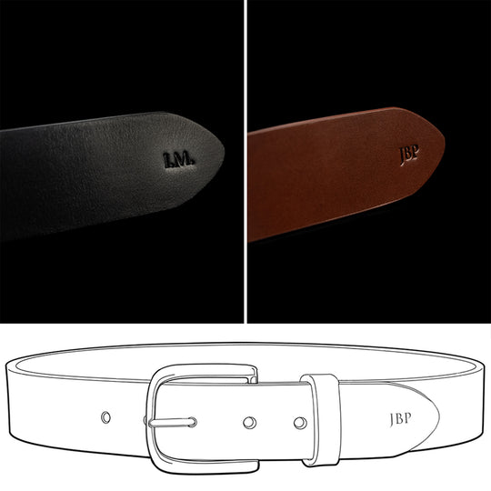 Von Baer classic luxury full-grain leather belt for men, personalized with initials example.