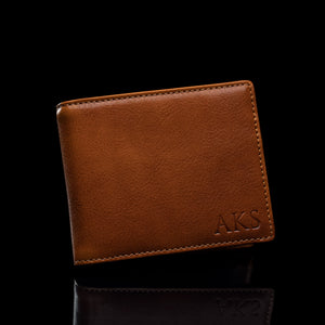 Von Baer Classic tan leather wallet for men with personalized embossed initials AKS