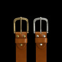 Von Baer classic premium leather belt in tan, with solid brass and stainless steel buckles, comparison.