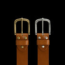 Von Baer classic premium leather belt in tan, with solid brass and stainless steel buckles, comparison.