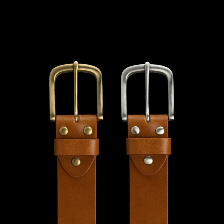 Von Baer classic premium leather belt in tan, with solid brass and stainless steel buckles, comparison.