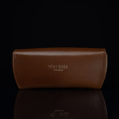 A rear view of a brown Von Baer Deluxe luxury leather glasses case.