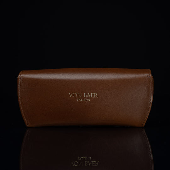 A rear view of a brown Von Baer Deluxe luxury leather glasses case for women.