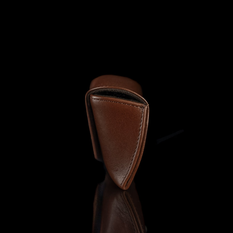 A side view of a brown Von Baer Deluxe luxury leather glasses case for women.