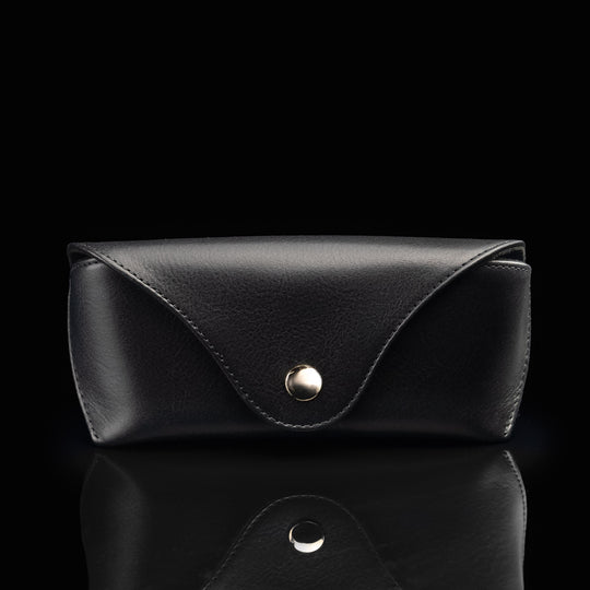 A front view of a black Von Baer Deluxe luxury leather glasses case for women.