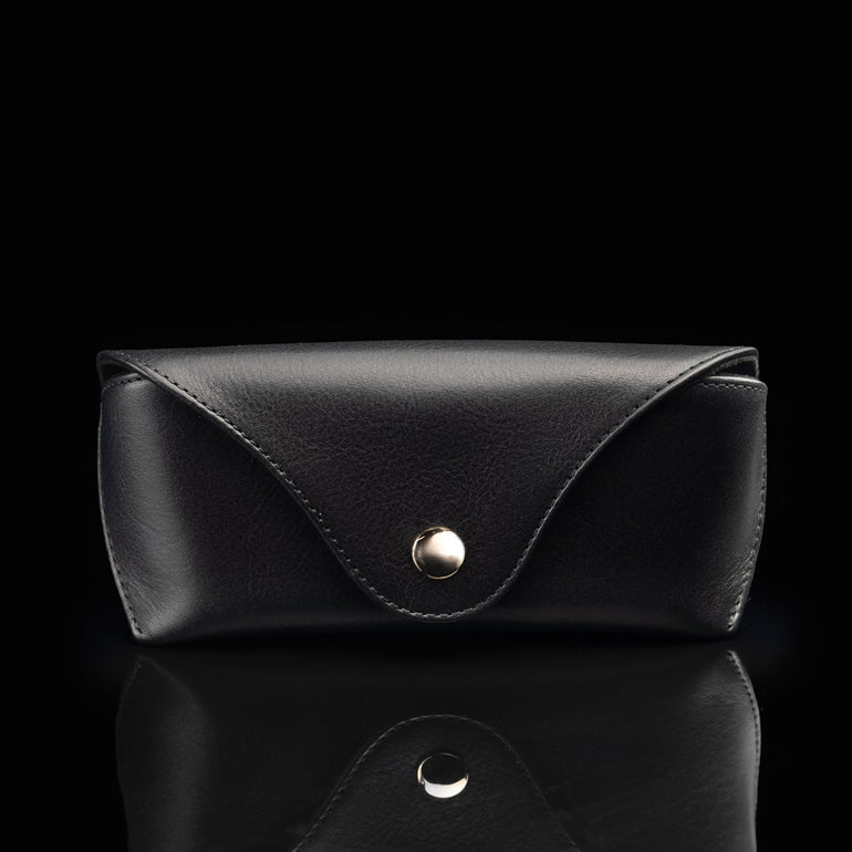 A front view of a black Von Baer Deluxe luxury leather glasses case for women.