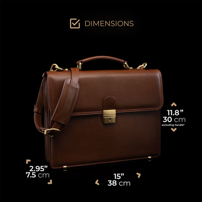 Von Baer diplomat men’s compact full-grain leather laptop briefcase in brown with carry-on compliant dimensions for professional work.