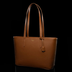 Von Baer Elegance cognac tan luxury leather tote bag half-turned view