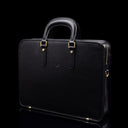 Von Baer Elegant high-quality slim full-grain leather laptop bag in black, half-turned, for women.
