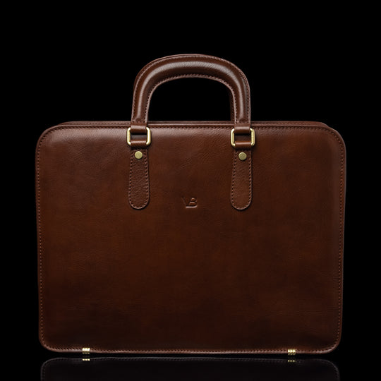 Von Baer Elegant high-quality slim full-grain leather laptop bag in brown, front view for men.