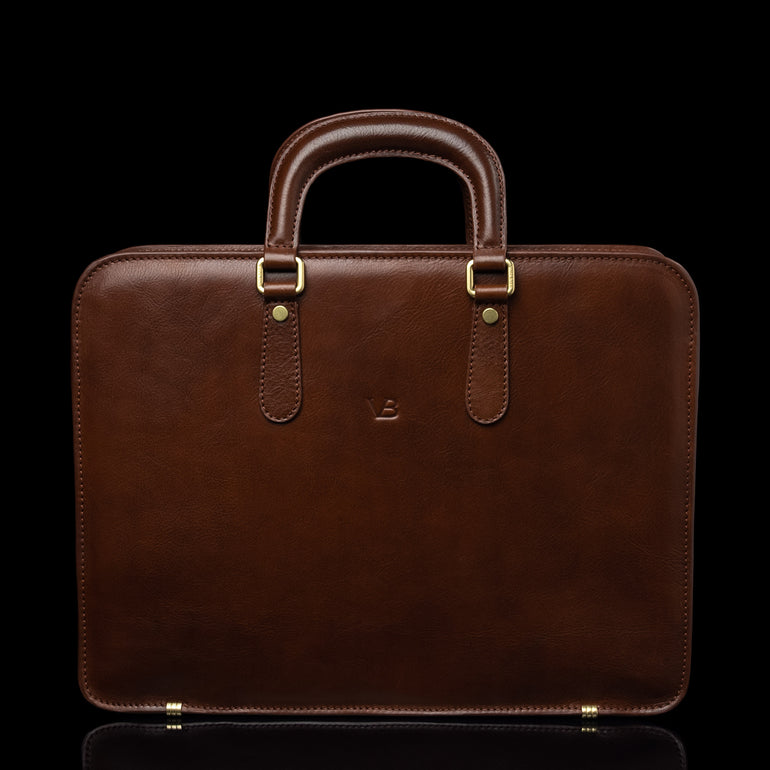 Von Baer Elegant high-quality slim full-grain leather laptop bag in brown, front view for men.