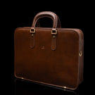 Von Baer Elegant high-quality slim full-grain leather laptop bag in brown, half-turned, for women.