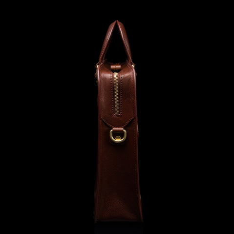 Von Baer Elegant high-quality slim full-grain leather women’s laptop bag in brown, side view.