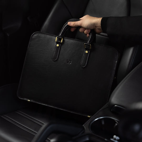 Von Baer Elegant luxury slim full-grain black leather laptop bag in Porsche