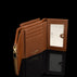 Von Baer Elise women's cognac pebbled leather trifold wallet displayed open on a reflective black background, showing multiple card slots, an ID card window, and a zippered compartment.
