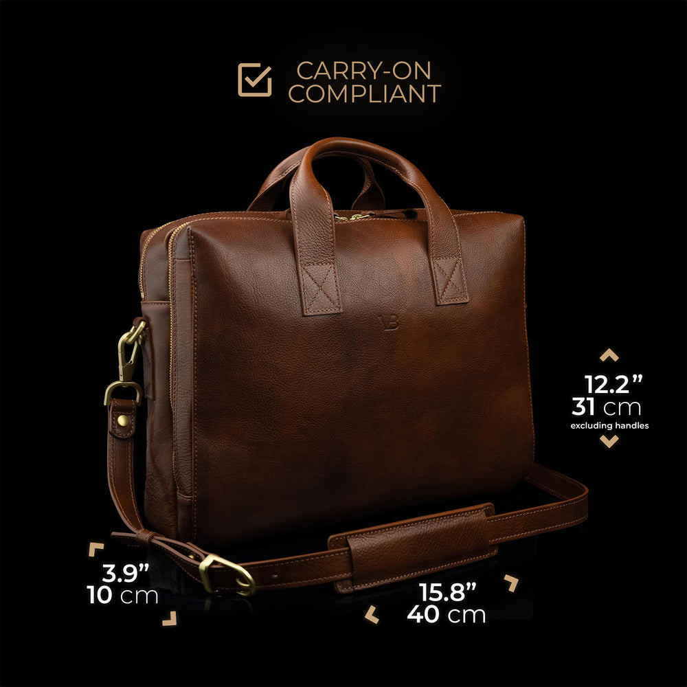 von baer essential mens vegetable tanned leather laptop bag with shoulder strap - carry-on compliant