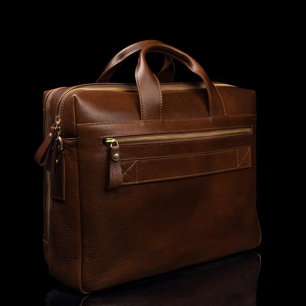von baer essential modern italian leather briefcase for men solid brown half side back view