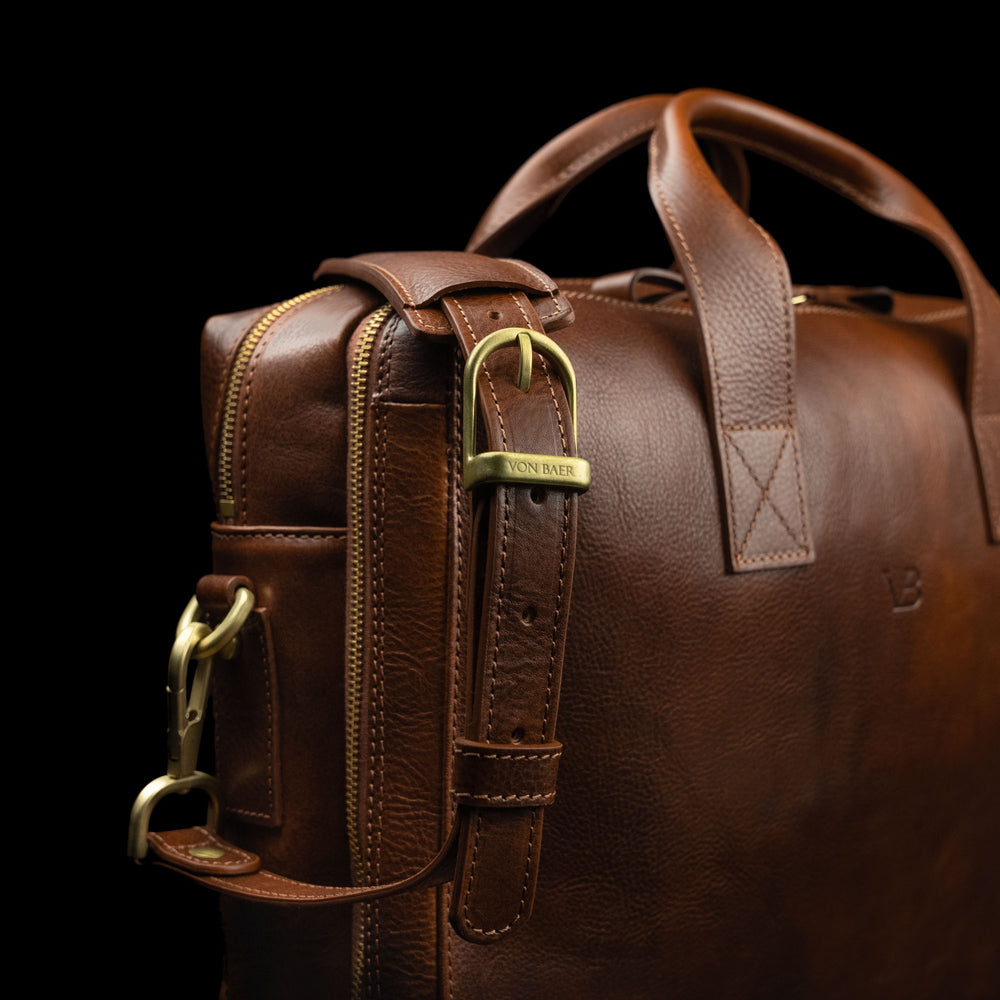 von baer essential modern italian leather briefcase for men solid brown with adjustable shoulder strap