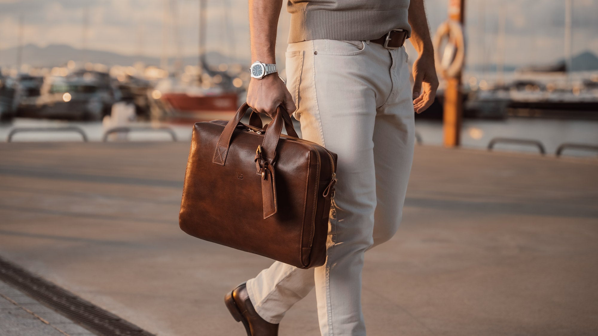 on Baer Essential Modern Leather Briefcase (Brown, Luxury Yacht Marina)